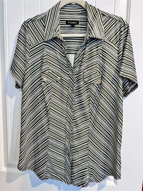 Roz & Ali Green and White Striped Short-Sleeve Button Front Blouse
